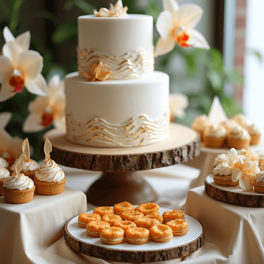 Close-up view of a dessert station featuring a three-tiered cake on a wooden stand, adorned with fondant waves and gold leaf. Surrounding sweet treats include hand-painted cookies, tropical fruit skewers, and coconut macaroons, all styled with fresh orchids and tiny paper boats, with sand-colored linens accentuating the varying heights of the displays. Soft backlighting enhances the elegance of the setup.