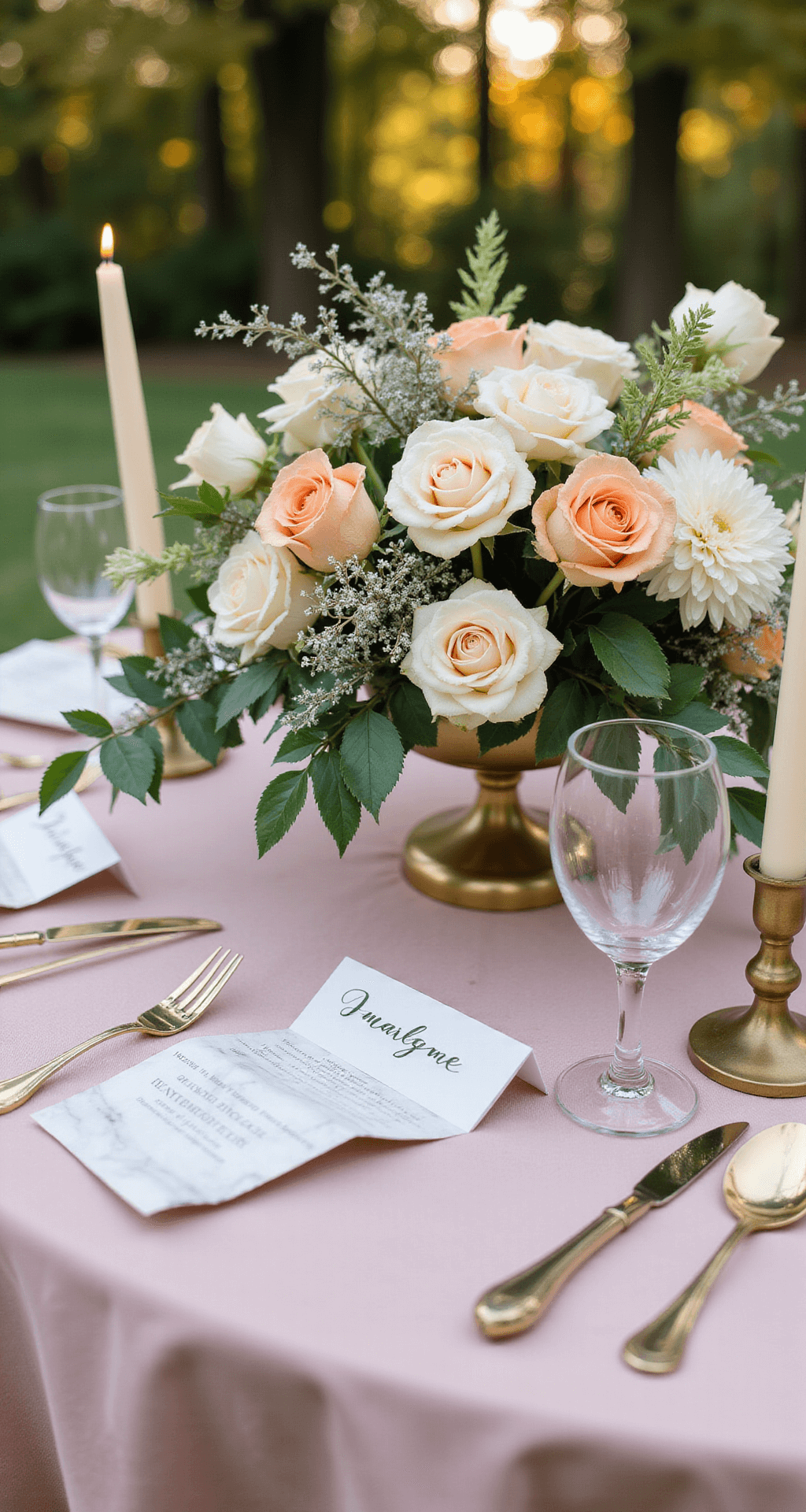 A romantic garden sweetheart table with blush velvet linens, peach roses, white dahlias, and trailing amaranth in a gold compote. Marble place cards, champagne coupes, taper candles, and autumn foliage complete the scene.