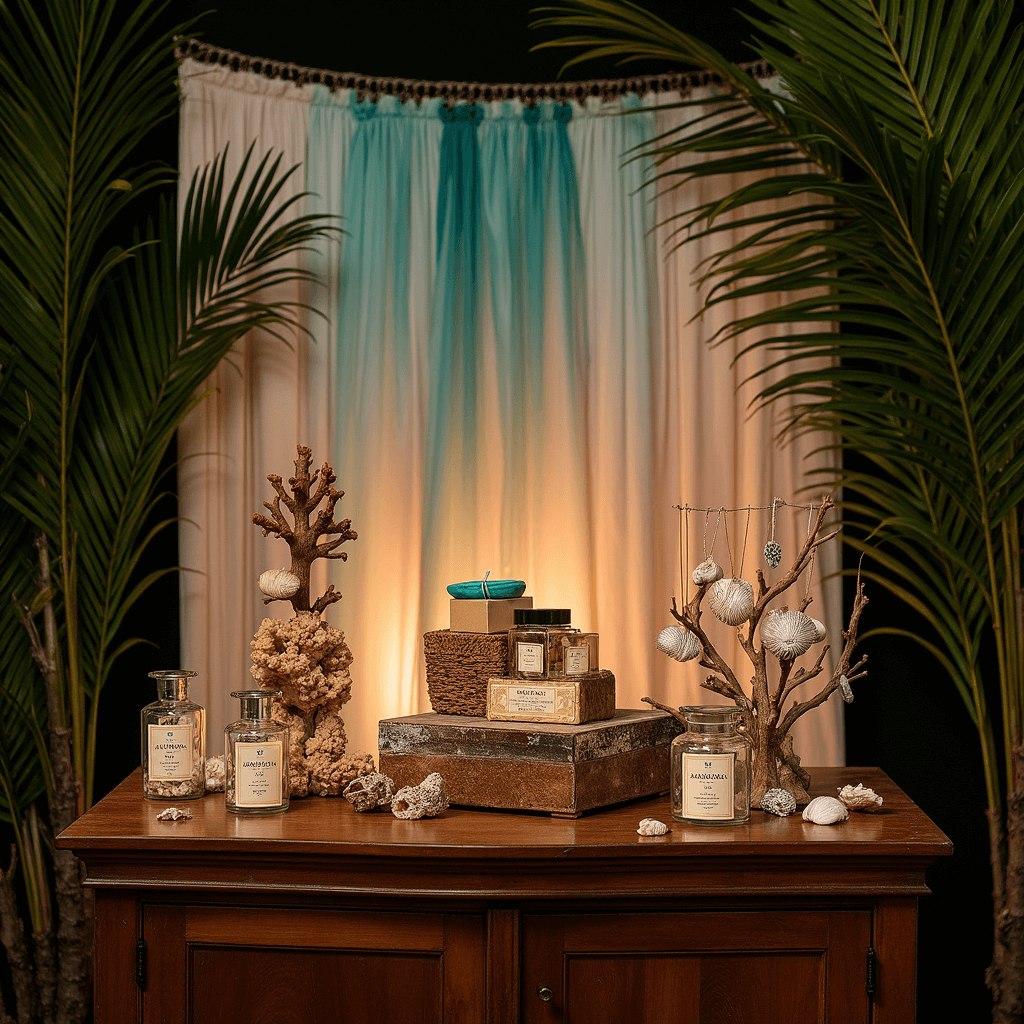 Atmospheric evening display featuring a vintage wooden cabinet with hand-crafted Kakamora favor boxes, shell necklaces on coral branches, and personalized message bottles. The backdrop showcases gathered fabric in ocean ombré shades, with dramatic uplighting casting shadows from palm fronds and metallic accents reflecting warm light.