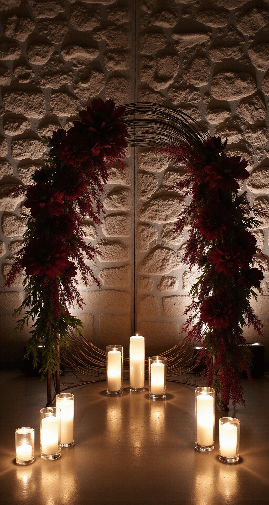 A circular metal arch with burgundy and plum dahlias, chocolate cosmos, and cascading amaranth, moody uplighting, floating candles, and a textured stone wall backdrop.