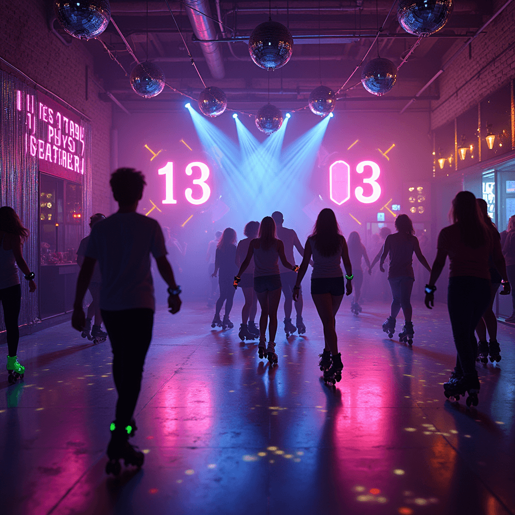 A vibrant roller disco scene in a converted warehouse, featuring teens skating under blacklight-illuminated geometric wall patterns, with disco balls casting colorful lights and glow stick bracelets creating trails in the air. Custom LED number '13' signs glow pink against exposed brick, and a retro photo booth corner with a metallic fringe curtain adds to the atmosphere, all captured in a wide-angle view that highlights the energetic movement.