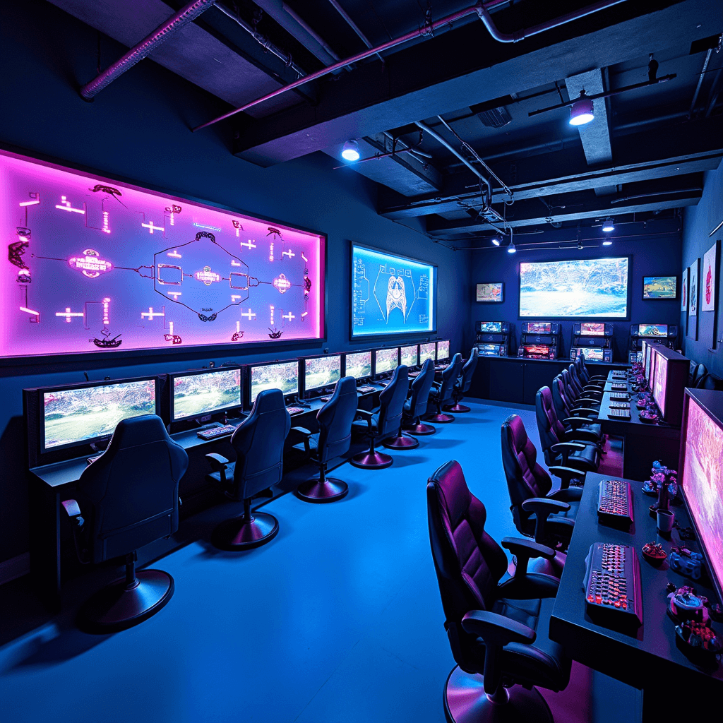 A luxurious gaming lounge in a modern loft, featuring LED-lit tournament pods with sleek gaming chairs, a central projection screen for brackets, retro arcade cabinets, console setups, and geometric LED wall panels, all illuminated in blue and purple ambient light, with a premium snack bar nearby.