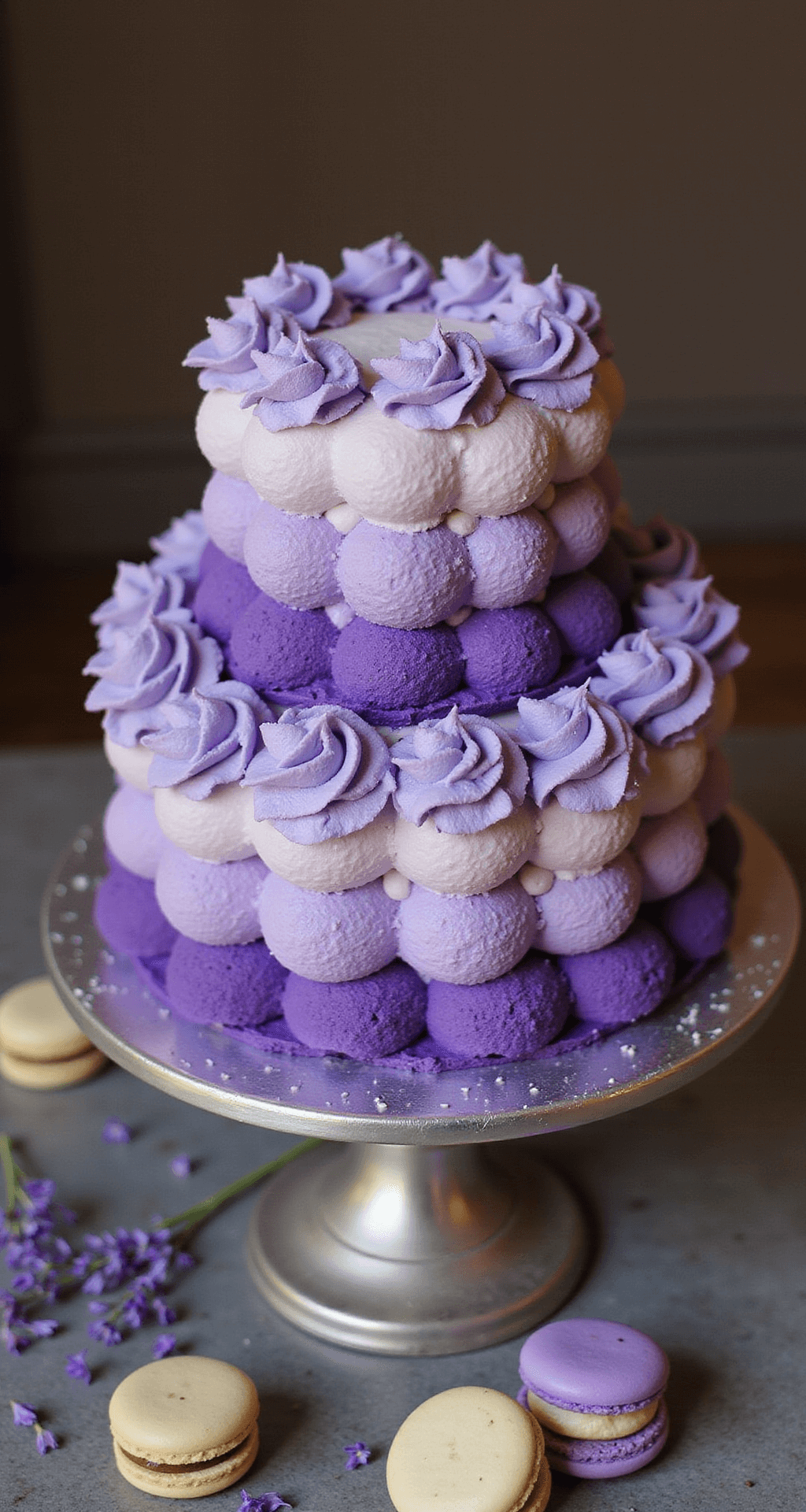 Overhead view of a two-tier purple ombre cake on a silver stand, featuring gradients of violet to lavender buttercream, piped rosettes, gold leaf accents, and fresh lavender sprigs with macarons at the base.