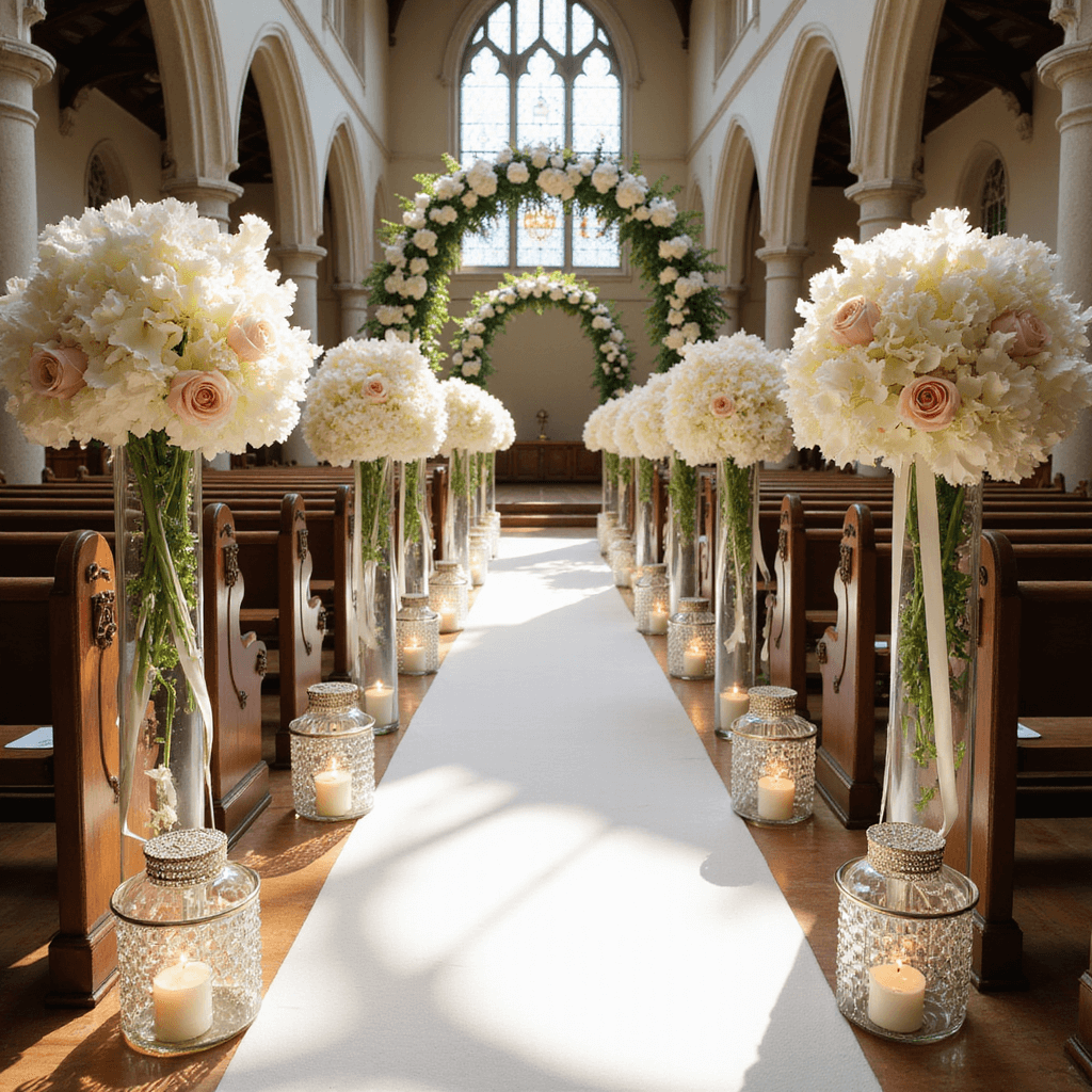Ultimate Wedding Aisle Decoration Guide: Transform Your Ceremony Space A sunlit church aisle adorned with towering glass vases of cascading white hydrangeas and blush roses, ivory ribbons, crystal-encrusted lanterns, and floating candles. Stained glass creates ethereal light on a pearl-white runner leading to a floral arch with white orchids and greenery.