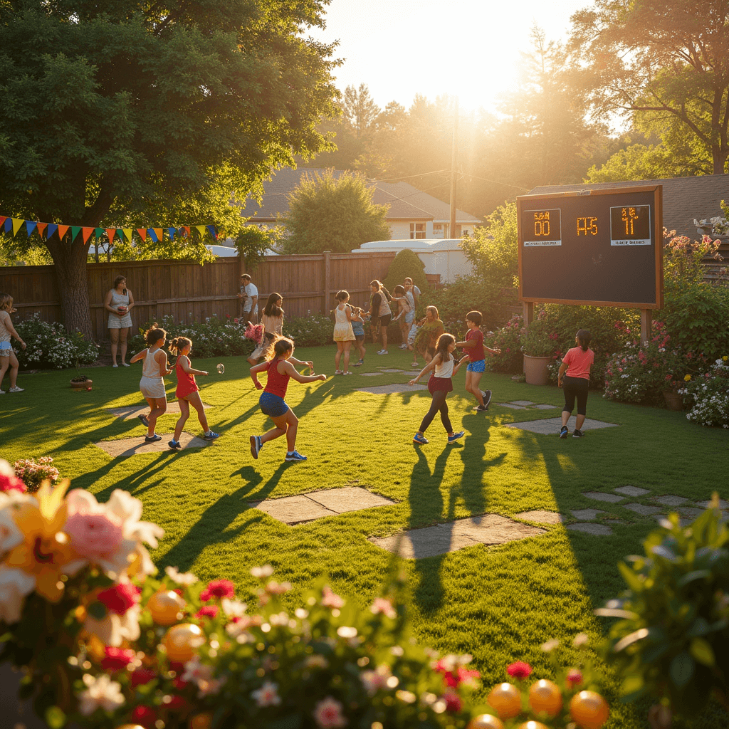 A sunlit backyard converted into an Olympic-themed space featuring a custom obstacle course, a giant scoreboard, colorful challenge zones, a flower-adorned medal podium, and a hydration station, all captured in golden hour light with lens flare and active participants.