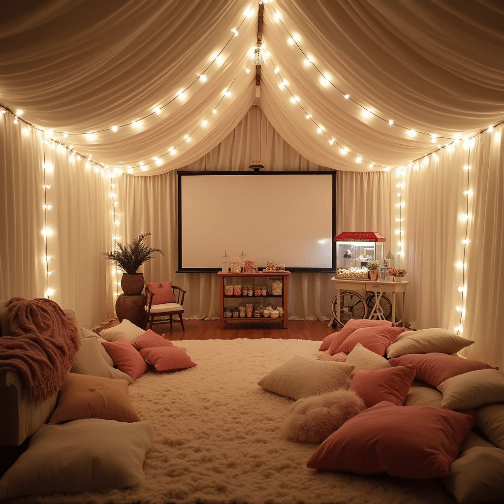 A cozy indoor movie marathon setup featuring a large blanket fort made of cream and blush textiles under a cathedral ceiling adorned with fairy lights, a vintage popcorn machine and candy display at a custom snack bar, a projection screen framed by sheer curtains, and a floor covered with plush pillows and throws, all illuminated by warm ambient lighting.