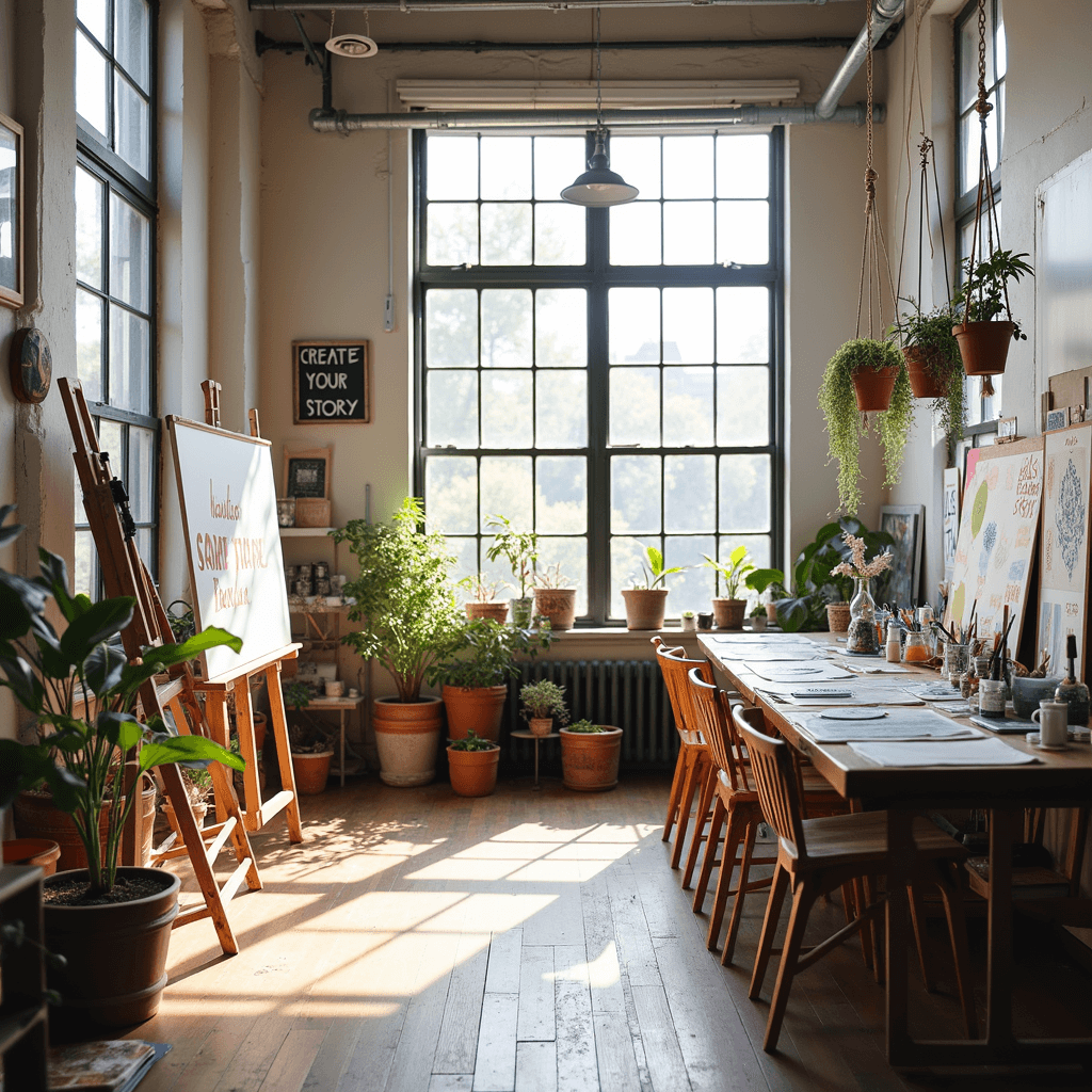 A bright studio workshop featuring individual art stations with easels, supply caddies, and a central inspiration table adorned with mood board materials and magazines. A custom vinyl sign reads 'Create Your Story'. The space is decorated with hanging macramé plant holders filled with greenery, and natural light streams through industrial windows, illuminating rustic wood floors protected with paint splatter covers. The image is captured from a corner angle showcasing the entire creative layout.