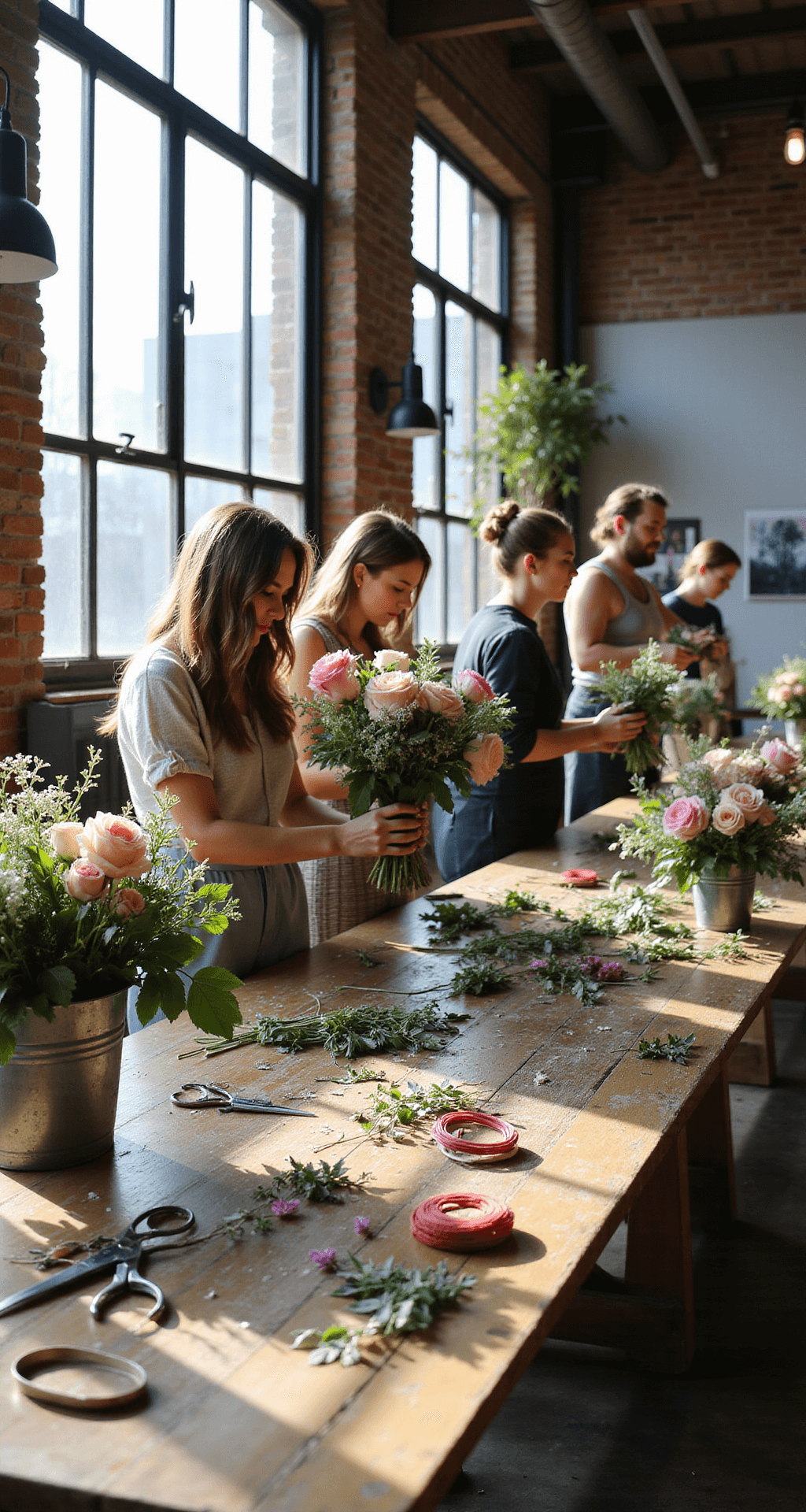 A sunny floral workshop in a modern loft with wooden workstations, scattered floral supplies, and buckets of fresh flowers, as a DIY bride and bridesmaids craft bouquets and boutonnieres under natural light streaming through large windows.