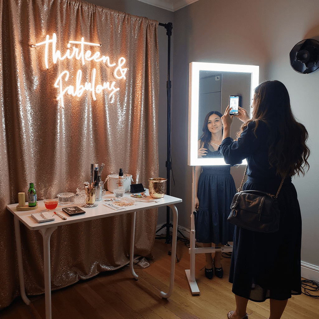 Elegant photo booth setup with a champagne sequin backdrop, professional lighting, props table with metallic and acrylic accessories, a floor-length mirror with an LED frame, and a 'Thirteen & Fabulous' neon sign; guests are enjoying the booth, showcasing its scale and functionality.