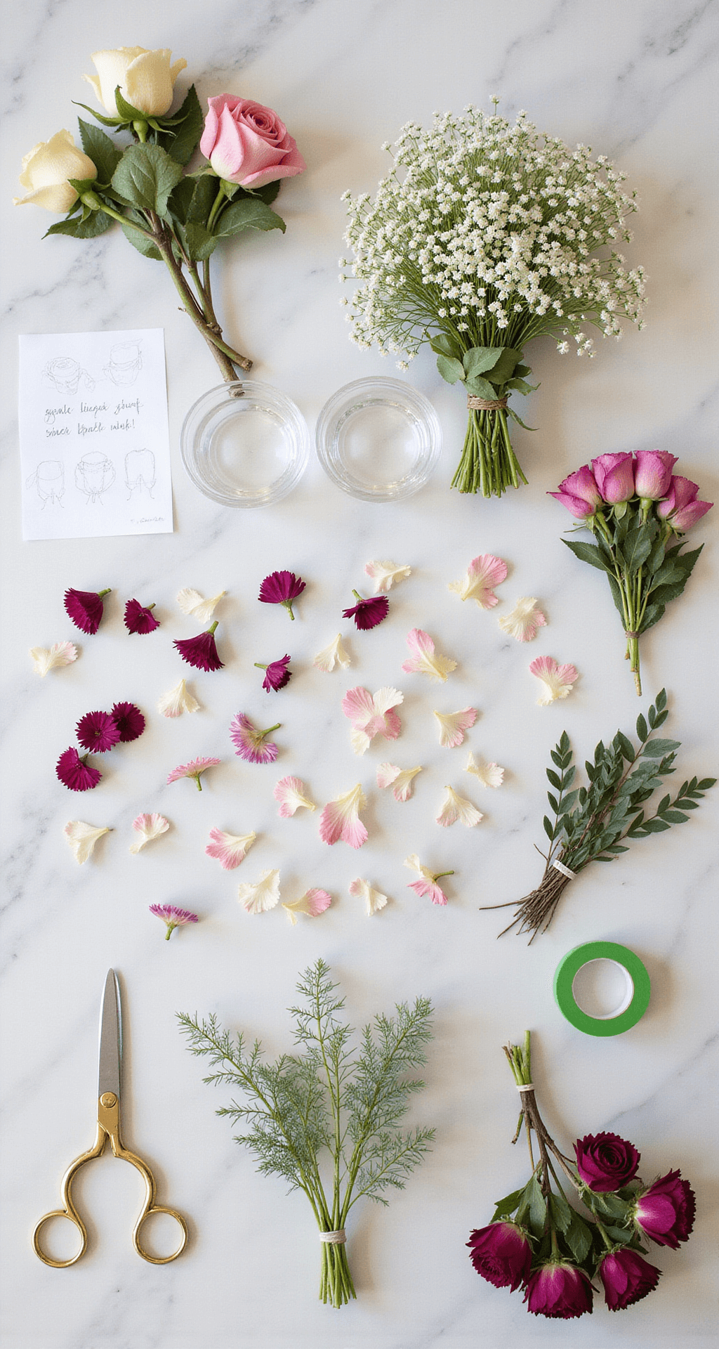 Elegantly organized flower preparation station with floral tools and fresh-cut flowers in a symmetrical layout on a marble countertop, featuring gold scissors, green floral tape, water vessels, and bouquet design sketches.