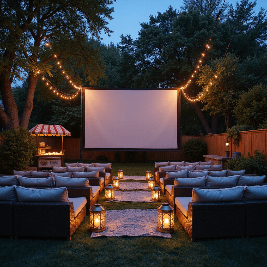 Intimate twilight backyard movie screening with a white screen between trees, tiered premium outdoor seating, Moroccan lanterns along pathways, cozy blanket baskets, fairy lights overhead, and a vintage popcorn cart with a striped awning, captured during blue hour.