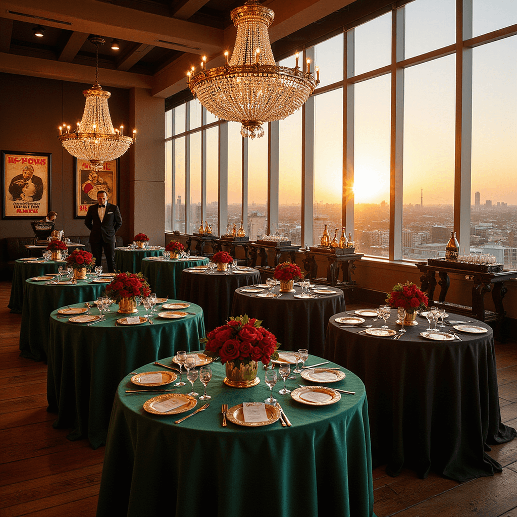 A luxurious rooftop terrace set for a Casino Royale-themed 50th birthday, featuring emerald velvet gaming tables, crystal chandeliers, and dramatic red rose centerpieces, with a champagne tower and cityscape reflections at golden hour.
