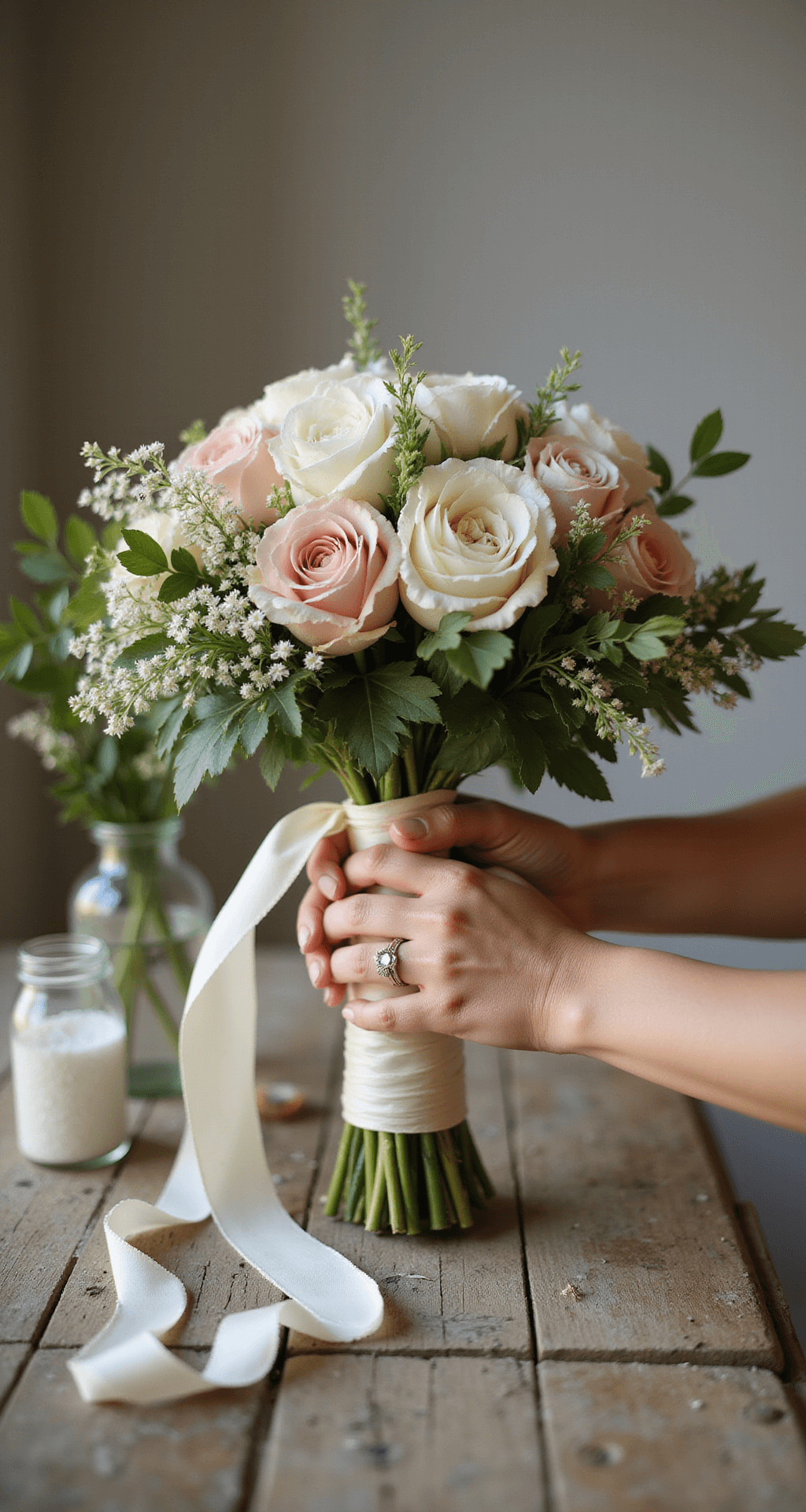 Close-up view of hands wrapping ivory ribbon around a bridal bouquet handle, with blush roses and white peonies, under warm afternoon light on a rustic wooden table.