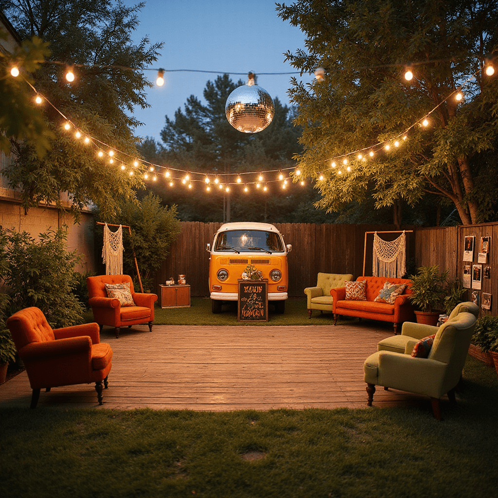 A vibrant '70s Retro Time Machine celebration in a transformed backyard at dusk, featuring a large disco ball over a wooden dance floor, vintage furniture in burnt orange and avocado green, string lights, scattered polaroid displays, retro album covers, and a VW van photo booth with peace signs and macramé.