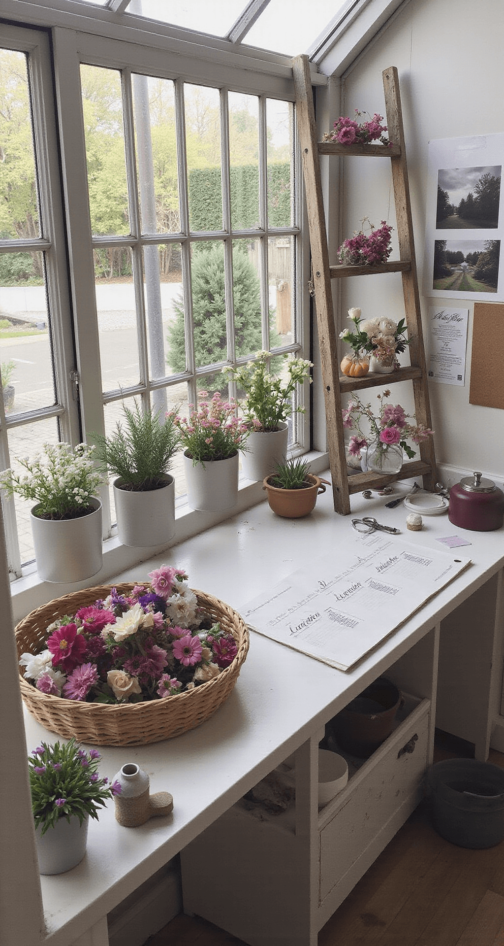 A home conservatory turned DIY flower prep station, with plastic buckets of flowers on wooden shelves, a vintage ladder with dried flowers and photos, and a workbench with tools and wedding timeline, all bathed in soft morning light.