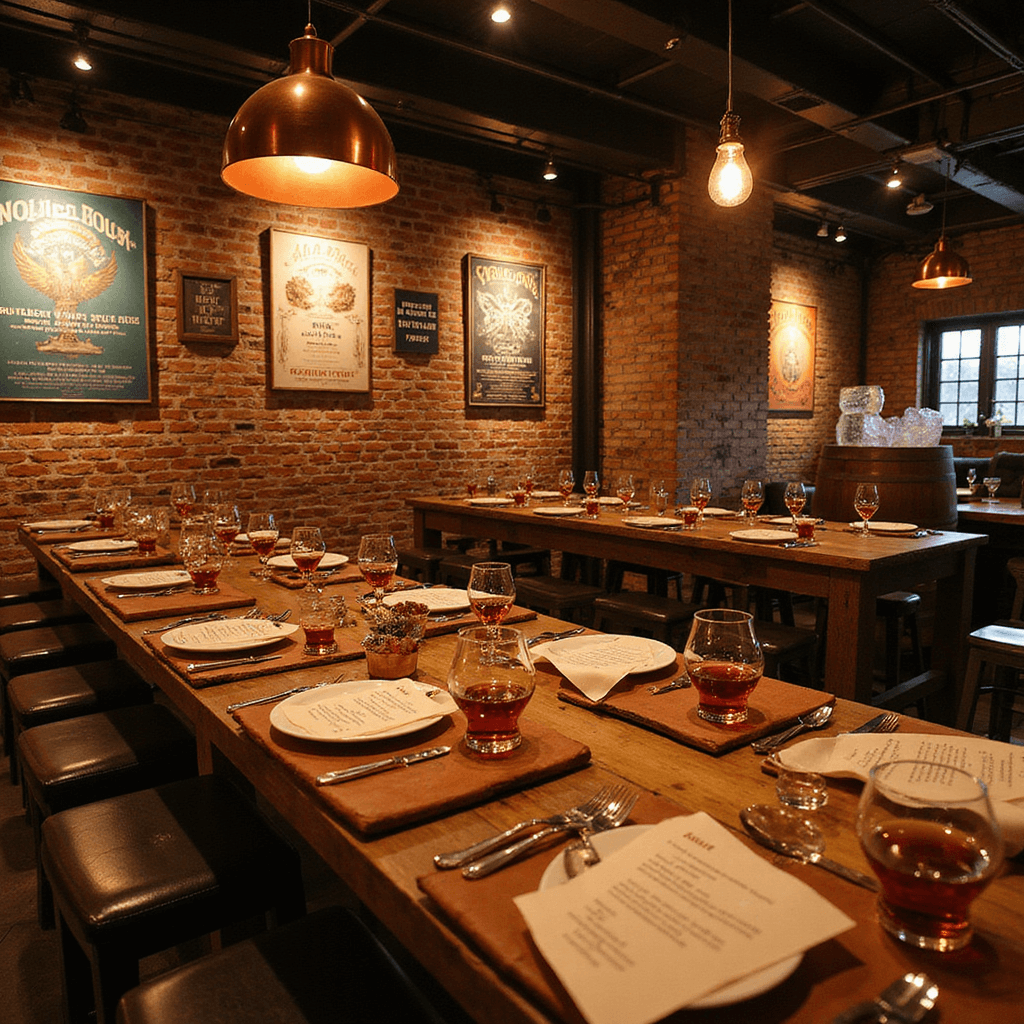 An intimate whiskey tasting setup in a rustic industrial venue featuring exposed brick walls with vintage advertisements, long farmhouse tables with leather mats, Glencairn glasses, and aged parchment notes. Warm copper pendant lights illuminate the flight boards and a barrel-aged cocktail station with smoked garnishes and carved ice, highlighting rich textures and amber tones.