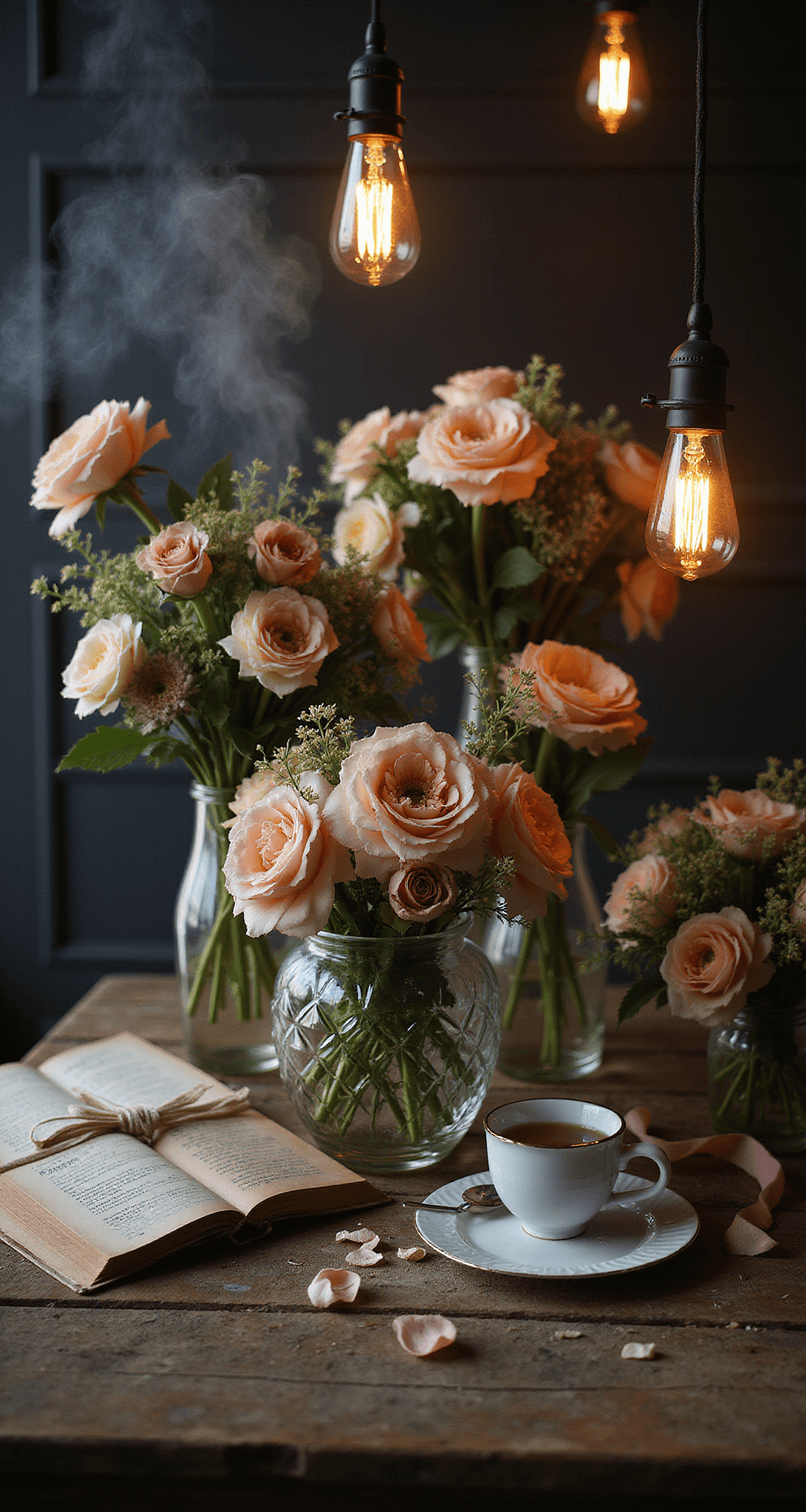 Final wedding flower preparations: Finished bouquets and centerpieces in vintage crystal vases under warm pendant lights. Moody backdrop with focused flowers, scattered petals, and ribbons in the foreground. Cups of tea with steam and handwritten notes nearby.
