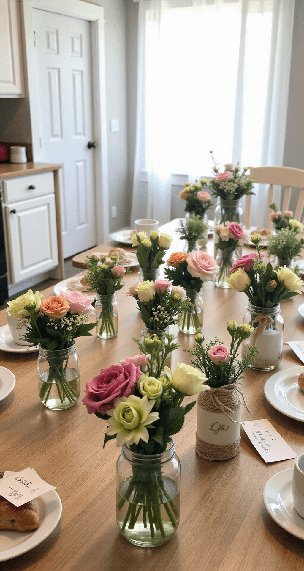 Kitchen island with flower arrangements of roses and carnations in mason jars, surrounded by place cards, twine, coffee cups, and pastries under sunlit curtains.