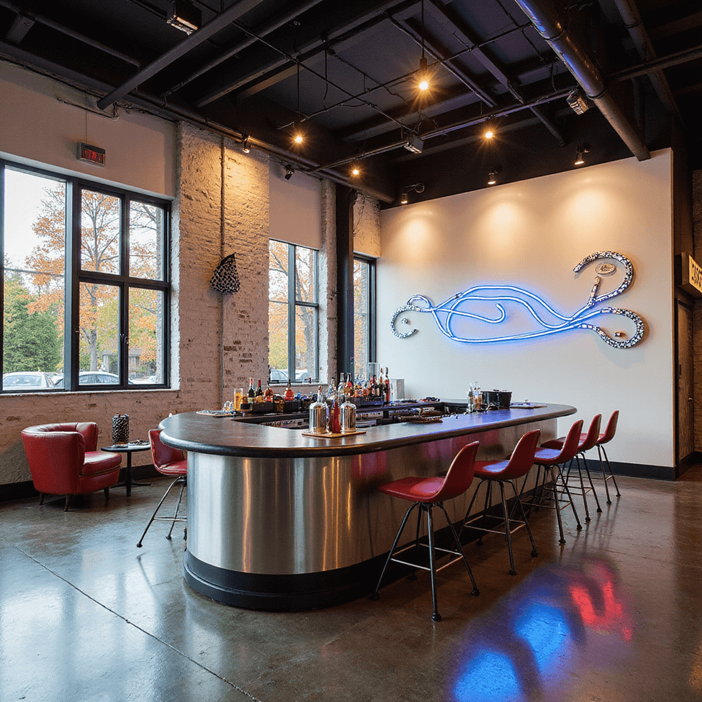 A modern minimalist loft with sleek white walls adorned with racing photography, featuring chrome and leather furnishings, checkered flag bunting, and a curved bar designed like a pit lane, all capturing a dynamic Racetrack Rockstar theme.