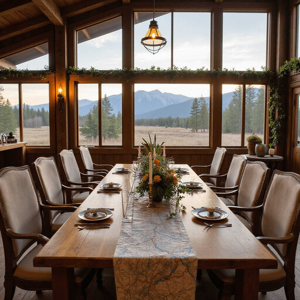 An elegant lodge celebration at sunset featuring wood farm tables adorned with map runners and compass centerpieces, surrounded by greenery and wildflowers, with adventure gear decor, a trail mix bar, and a s'mores station, all framed by floor-to-ceiling windows showcasing a mountain backdrop.