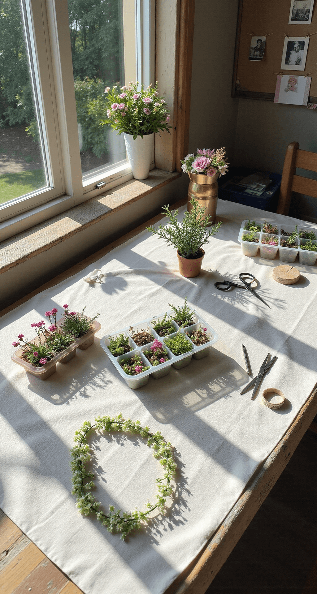 DIY flower crown station in rustic sunroom with florals in ice cube trays, tools on linen cloth, finished crowns, and Polaroid photos against sunlit wooden table.