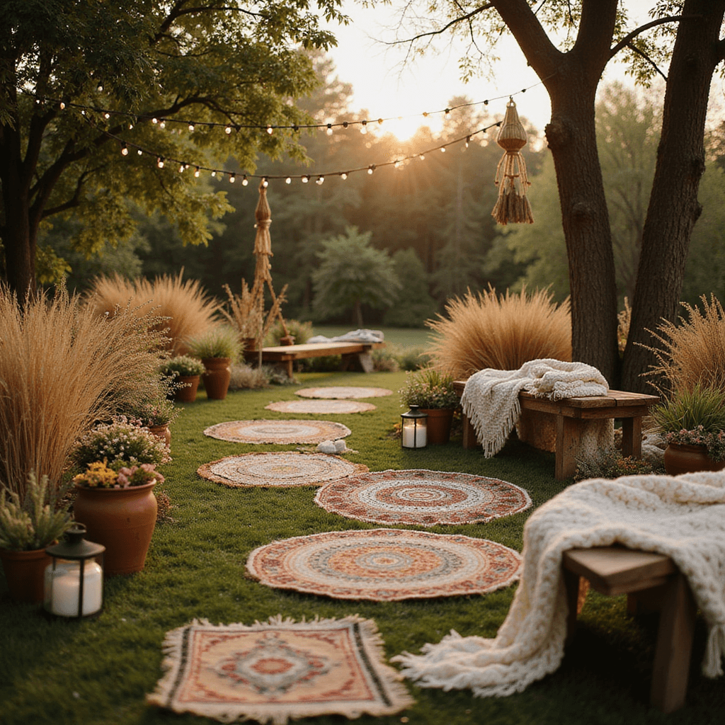 Ultimate Wedding Aisle Decoration Guide: Transform Your Ceremony Space Low-angle view of a boho garden ceremony setup at golden hour, featuring a winding grass pathway lined with dried pampas grass, terracotta pots, macramé planters, Moroccan rugs, brass lanterns, fairy lights, and wooden benches with cream knit throws. Earthy tones and organic textures abound.