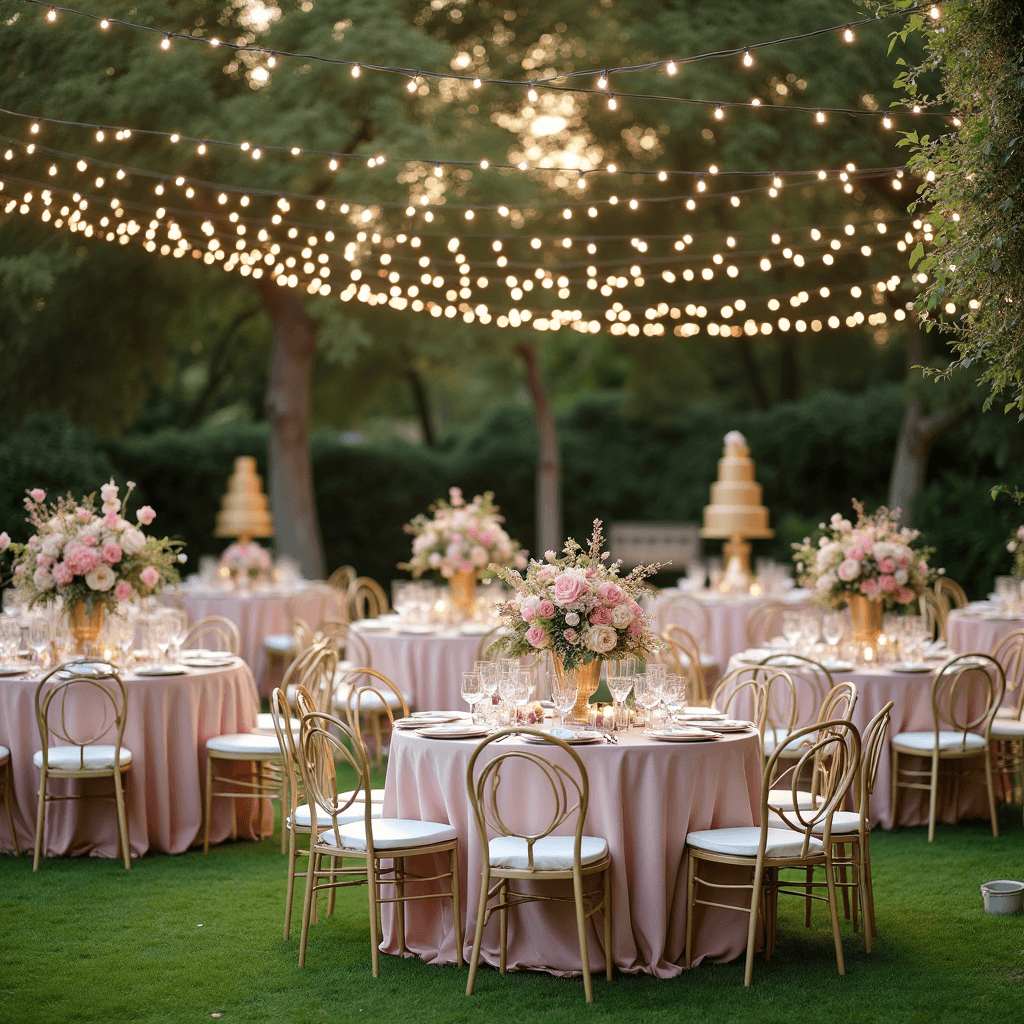 A beautifully arranged garden party with blush pink tables adorned with gold floral centerpieces, a towering golden cake at the dessert station, French macarons, and shimmering market lights creating a magical atmosphere during sunset.