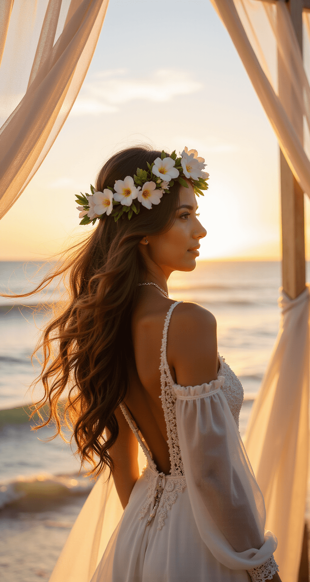 Blooming Brilliance: The Ultimate Guide to Wedding Hair Flowers Bohemian beach wedding setup at golden hour with a bride in flowing waves and a flower crown of white plumeria and orchids, illuminated by sunset light against an ocean backdrop, sheer curtains billowing in the breeze.