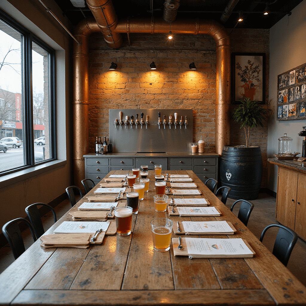 A cozy brewery gathering space set for a craft beer tasting, featuring industrial metal tables with tasting journals, a wall of vintage beer taps, an interactive ingredient station, and warm lighting illuminating weathered wood surfaces.