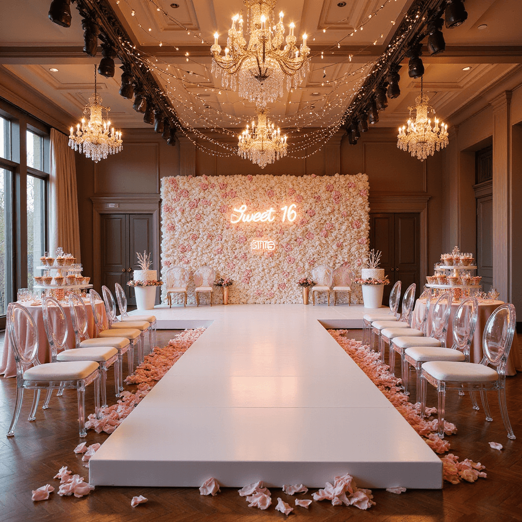 A luxurious Sweet 16 fashion show setup in an elegant ballroom during golden hour, featuring a white runway with pink rose petals, ghost chairs, crystal chandeliers, fairy lights, cupcake towers, and a floral wall backdrop with a rose gold 'Sweet 16' neon sign.