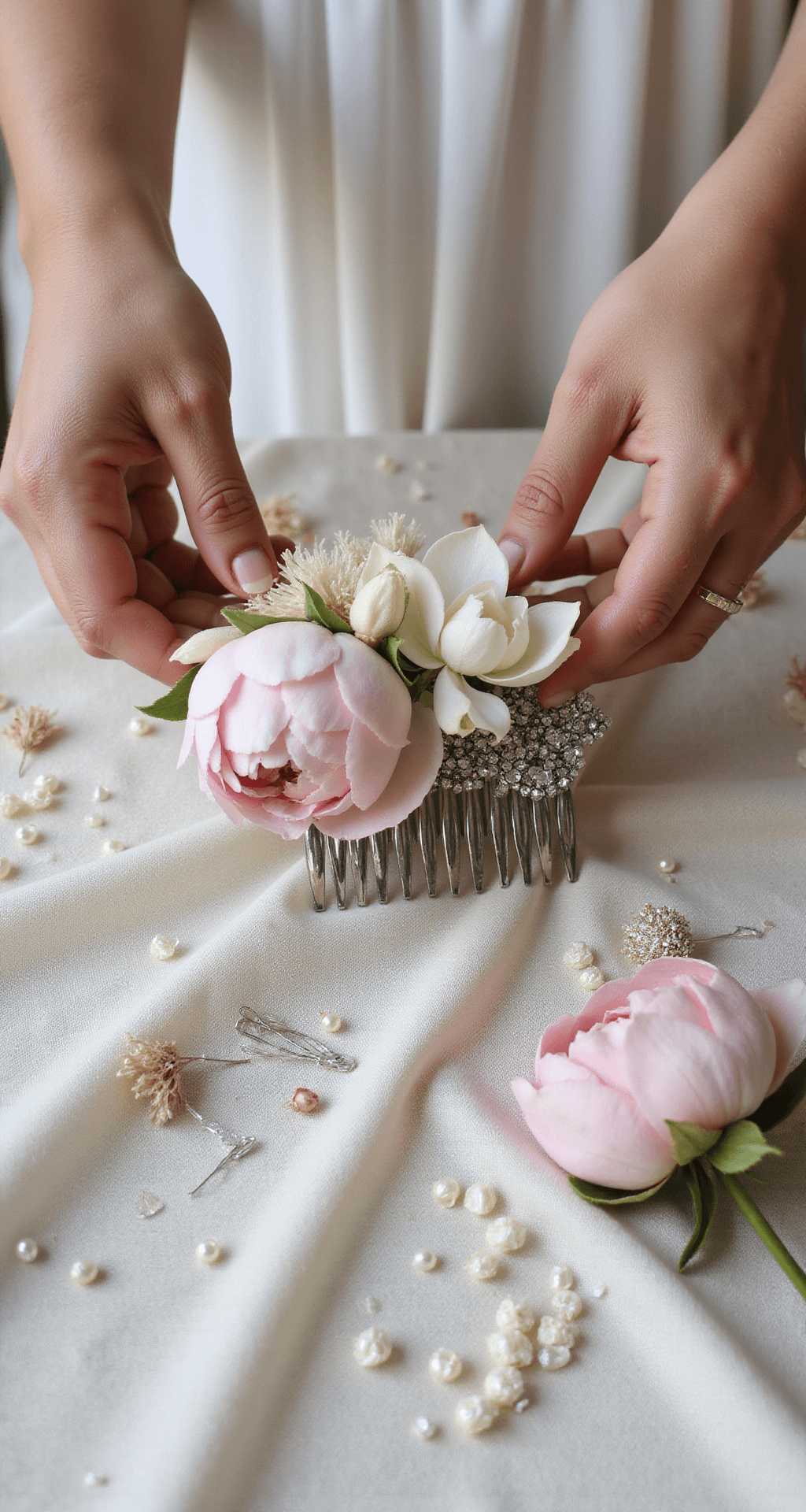 Blooming Brilliance: The Ultimate Guide to Wedding Hair Flowers A close-up of hands arranging blush peonies and ivory gardenias into an antique silver hair comb, surrounded by pearls, crystal pins, and dried flowers on cream silk, in soft natural light.