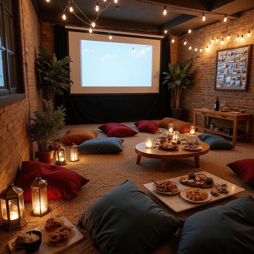 An overhead view of a cozy movie night sweet 16 celebration in a modern loft, featuring a bohemian lounge with jewel-toned velvet cushions, low wooden tables, and macramé blankets, illuminated by vintage string lights and a softly glowing projector screen. Elegant grazing boards with artisanal snacks are arranged on marble platters, complemented by brass lanterns and eucalyptus garlands, while a Polaroid photo wall adorned with fairy lights and copper wire clips adds a personal touch.