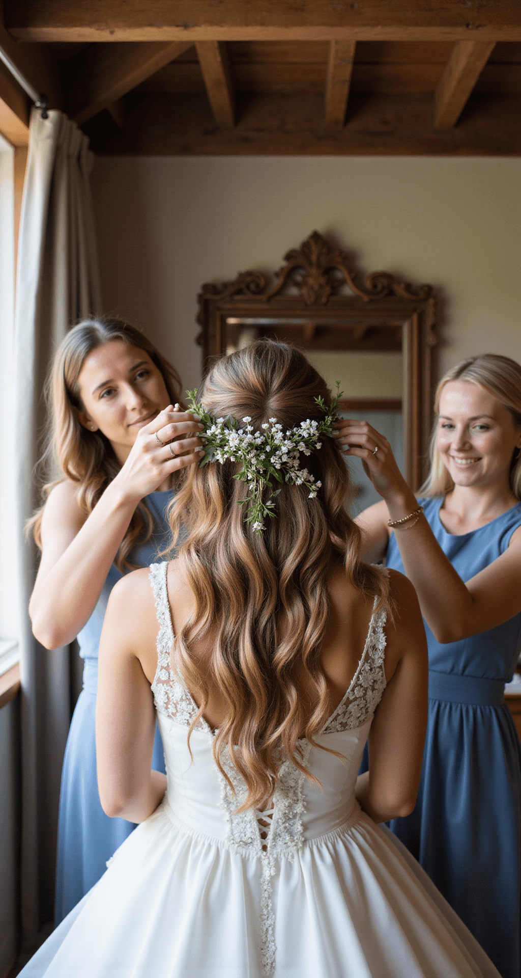 Blooming Brilliance: The Ultimate Guide to Wedding Hair Flowers A bride's sister delicately threading wildflowers and baby's breath into the bride's loose braid in a rustic barn setting, as soft natural light filters through wooden beams and a vintage mirror reflects the scene.