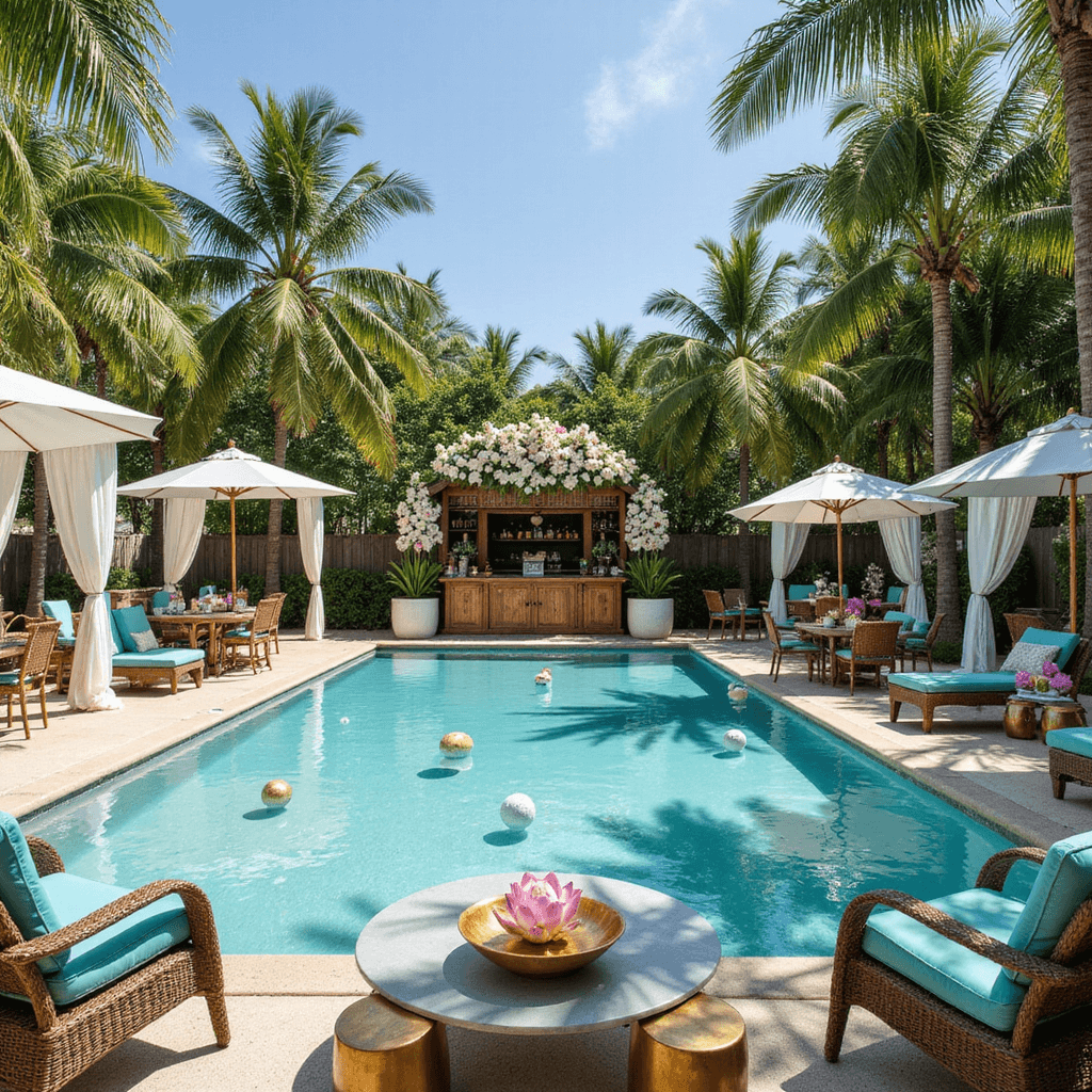 Wide-angle view of a tropical pool party with an L-shaped pool, palm trees, white-draped cabanas, floating lotus flowers, and LED orbs in the turquoise water. Rattan lounge furniture with azure cushions and brass tables surround umbrella-shaded dining areas. A tiki bar displays fresh fruits and mocktails, while giant tropical leaves and suspended orchids enhance the vibrant atmosphere.