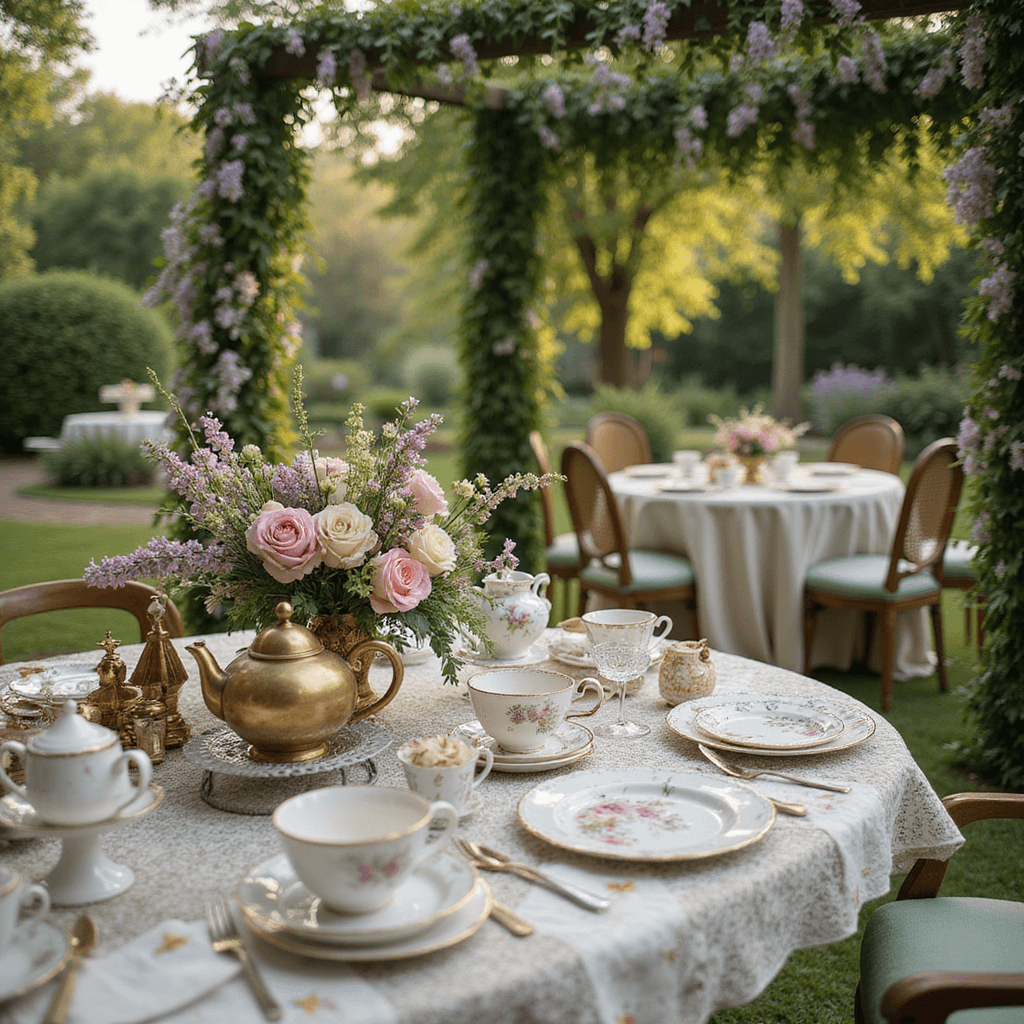 A whimsical tea party setup in an enchanted garden featuring mismatched fine china, crystal cake stands, and fresh flower teacups, accented by antique brass teapots and cascading floral arrangements, with a wooden swing adorned with wisteria and French provincial chairs surrounding ivory lace-draped tables.