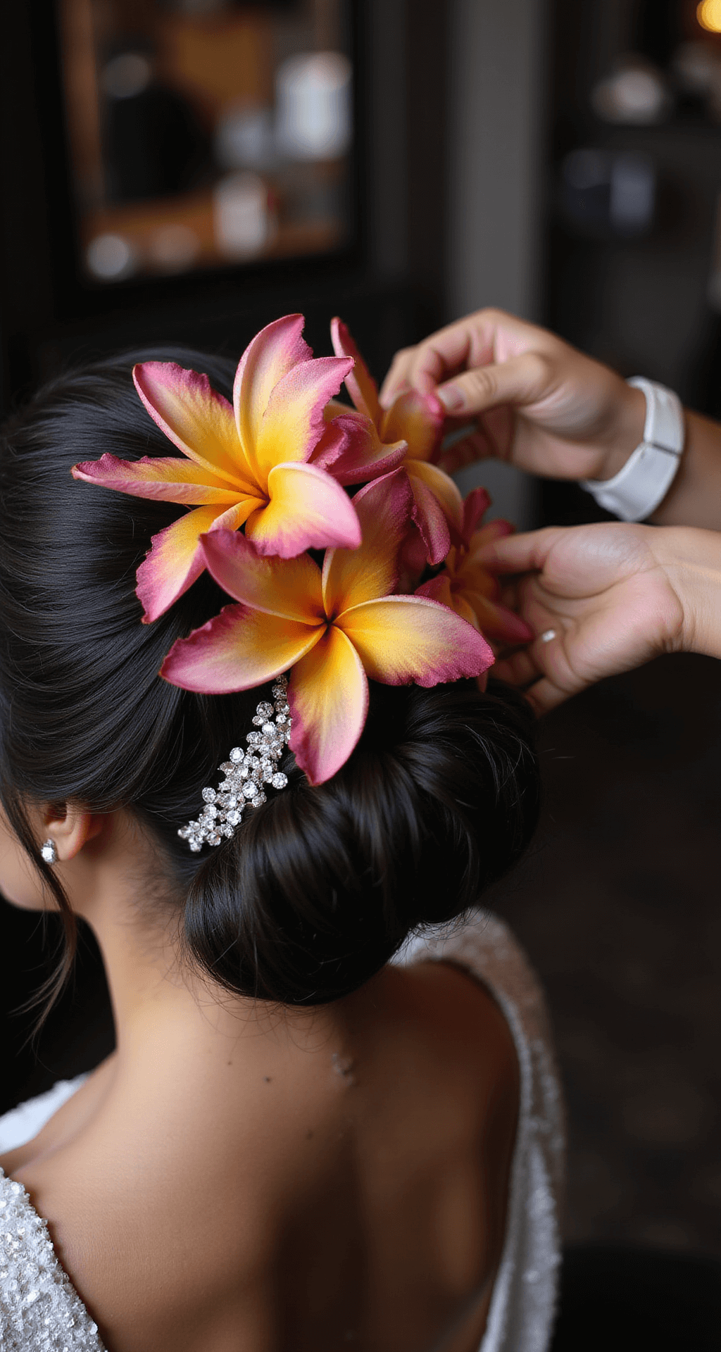 Blooming Brilliance: The Ultimate Guide to Wedding Hair Flowers Close-up of a sleek bridal updo adorned with vibrant orchids and plumeria, contrasted against dark hair, with crystal accessories sparkling in dramatic evening lighting.