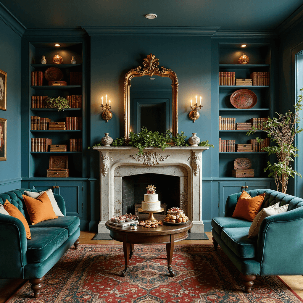 A modernized Victorian parlor set for a cozy game night celebration, featuring emerald velvet sofas, brass accent furniture, a marble fireplace adorned with candles and ivy, built-in bookshelves stocked with board games, and a dessert cart with a tiered cake and vintage sweets, all illuminated by Moroccan lanterns casting intricate shadows on deep blue walls.