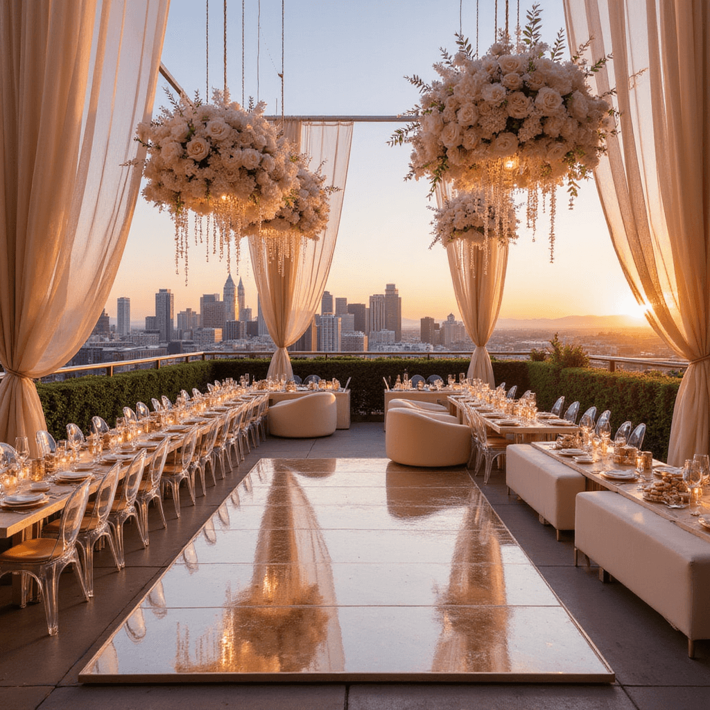 Glamorous rooftop Sweet 16 party at sunset, featuring panoramic city skyline views, ghost chairs, champagne-colored draping, mirrored tables with rose gold chargers, geometric floral arrangements in white and blush, an LED dance floor, and a dessert wall with metallic macarons and petit fours.