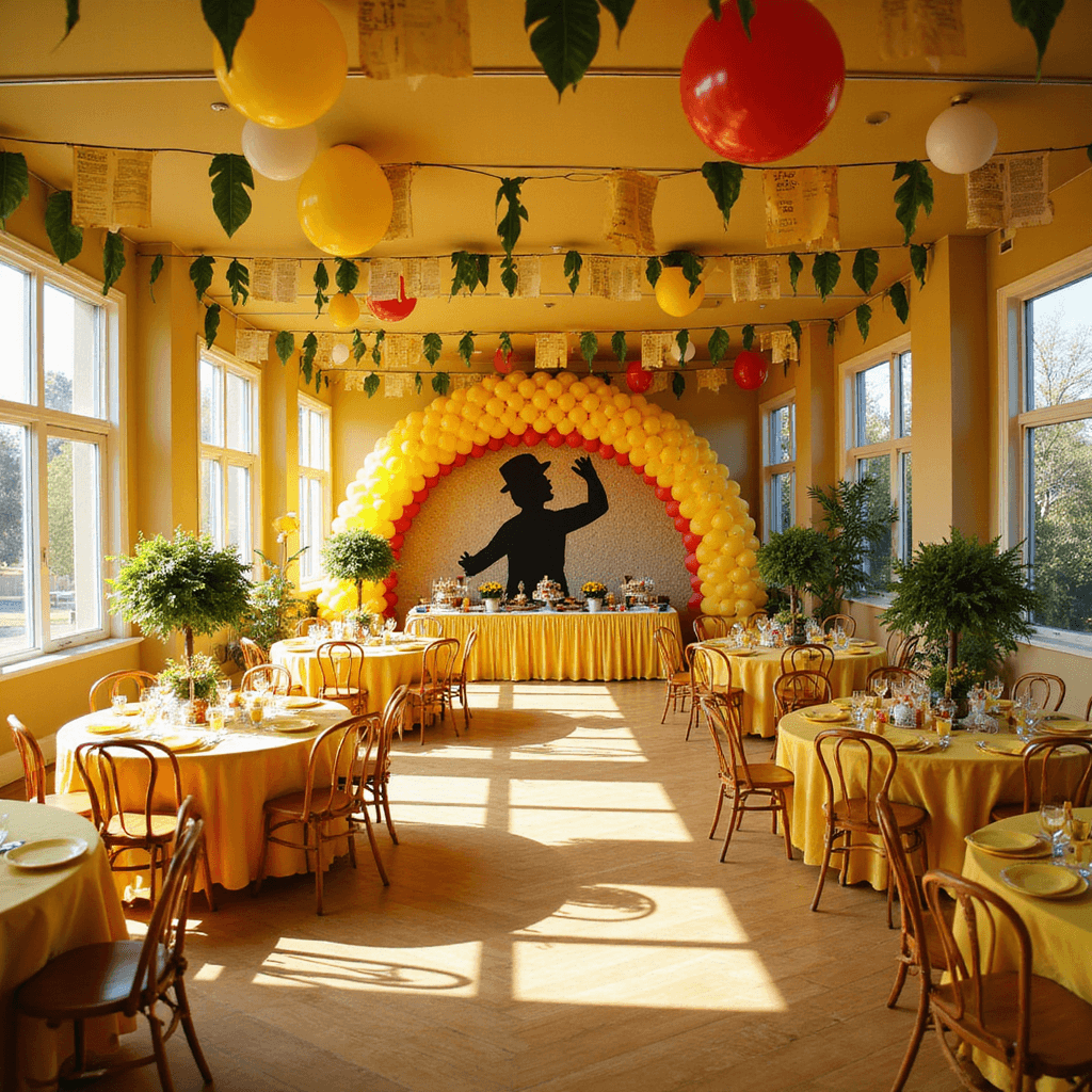 A vibrant indoor party space inspired by Curious George, featuring yellow and red balloon arches, banana leaf garlands, and banners made from vintage book pages, with sunlight illuminating round tables dressed in yellow linens and playful monkey topiary centerpieces, complemented by a grand dessert table with a silhouette of the Man with the Yellow Hat against a balloon backdrop.