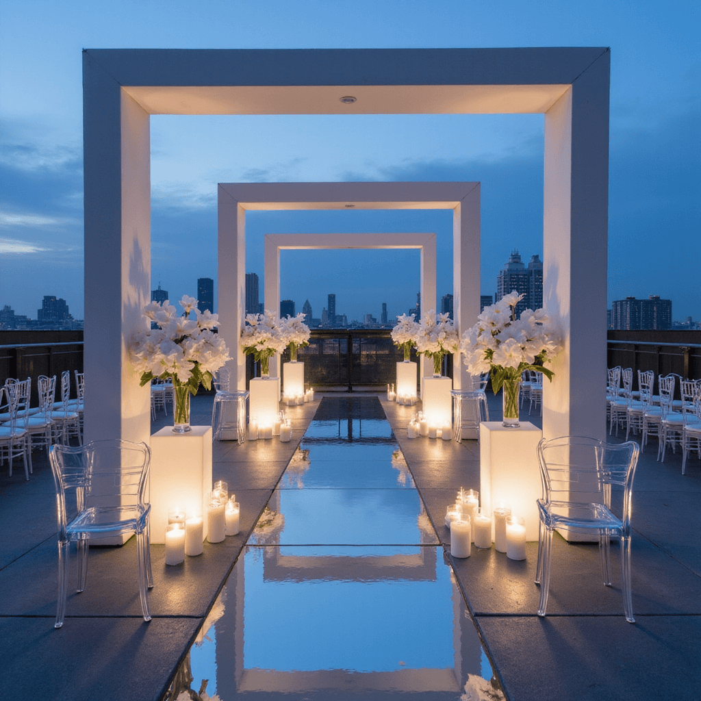 Ultimate Wedding Aisle Decoration Guide: Transform Your Ceremony Space Modern minimalist rooftop ceremony at dusk with white geometric pillars, calla lilies, orchids, acrylic chairs, mirrored aisle, city lights, uplighting, floating candles, clean lines, twilight sky.