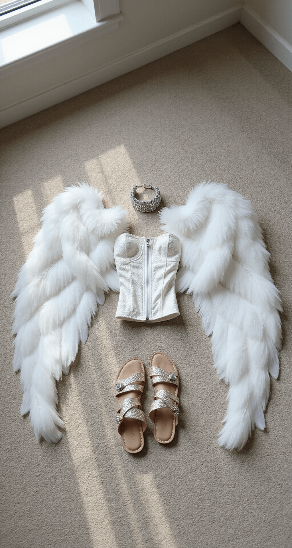 A minimalist white dressing room featuring a well-organized Victoria's Secret Angel costume laid flat on plush carpet, including a 6-foot wingspan, white lace corset with garter belt, metallic strappy sandals, and rhinestone accessories, all enhanced by natural light from a skylight.