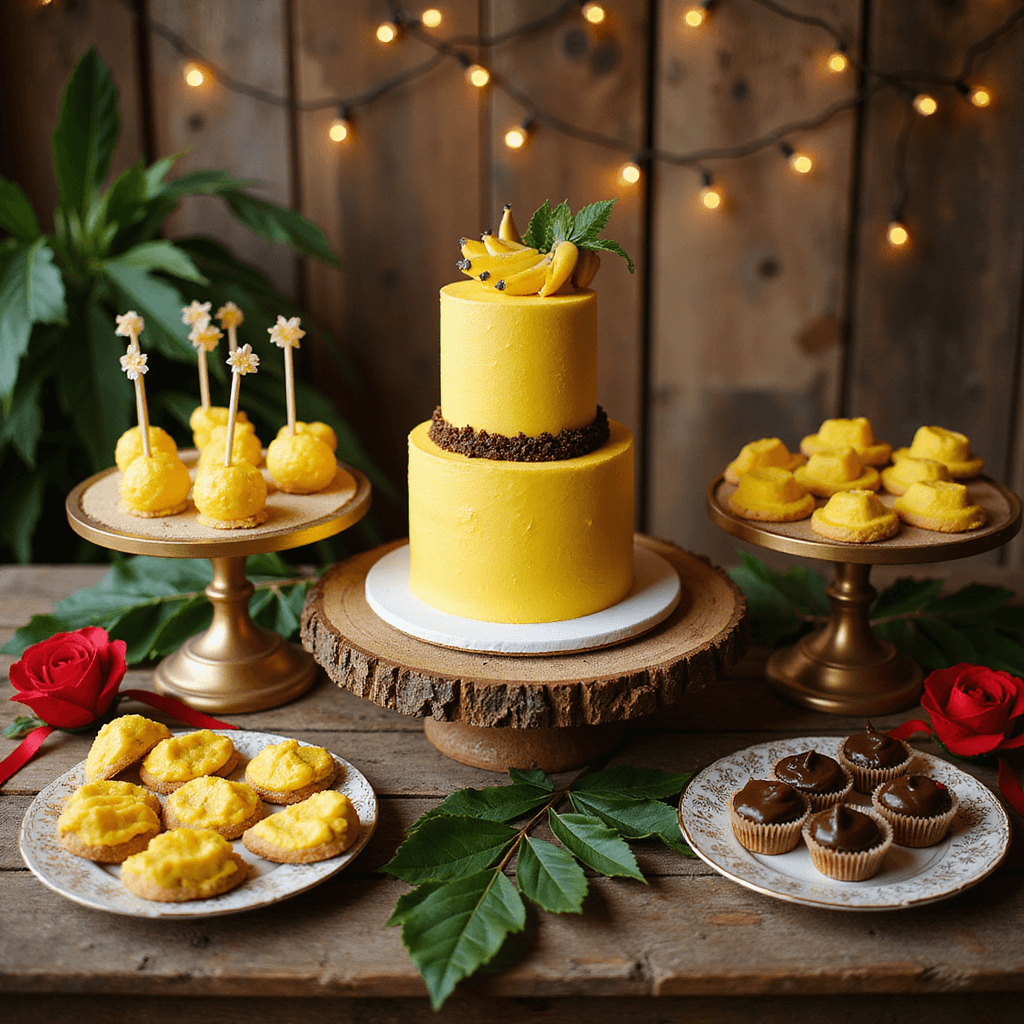Overhead view of a dessert station with a tiered yellow and brown birthday cake on a rustic wooden table, surrounded by banana-shaped cake pops, yellow hat cookies, and chocolate-covered banana bites, all under twinkling fairy lights and accented with banana leaves and red ribbons.