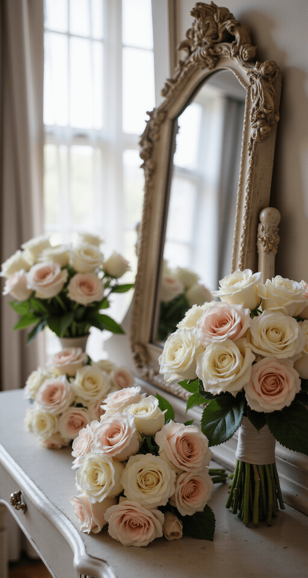 Wedding Bouquets: Your Ultimate Guide to Choosing the Perfect Floral Companion Bridal dressing room with vintage vanity, rose bouquets, and soft morning light through sheer curtains.