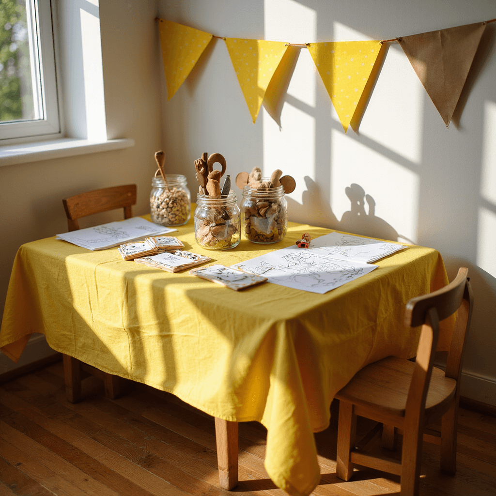 Close-up of a children's craft corner with a low wooden table and miniature chairs, surrounded by mason jars filled with craft supplies, brown paper for monkey ears, and Curious George printables, all highlighted by afternoon sunlight. Yellow polka dot tablecloths and handmade banana bunting add a playful touch.