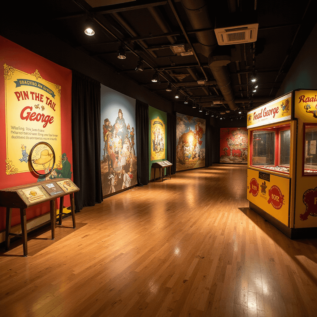 Cinematic wide shot of a vibrant interactive game zone with a vintage 'Pin the Tail on George' backdrop, yellow hat ring toss stations, a 'Feed George' carnival game, and monkey footprints on a polished wooden floor, all illuminated by warm spotlighting.