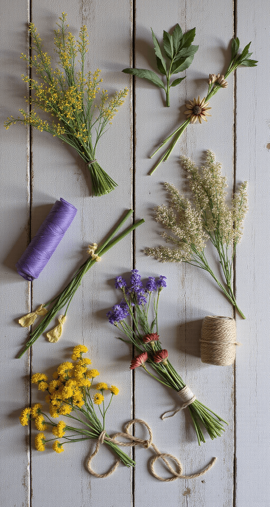 Wedding Bouquets: Your Ultimate Guide to Choosing the Perfect Floral Companion A flat lay of a deconstructed wildflower bouquet on rustic barn wood, featuring individual stems, gardening scissors, twine, and dried elements under natural light.