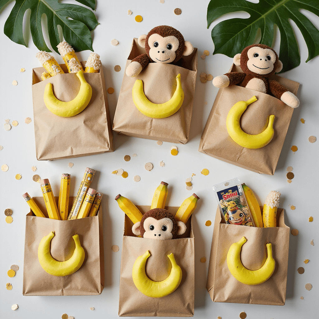 A flat lay of a party favor display featuring kraft paper bags with banana motifs, filled with plush monkey toys, yellow pencils, character bookmarks, and banana-shaped treats, surrounded by confetti and fresh banana leaves, all captured from above in soft lighting.