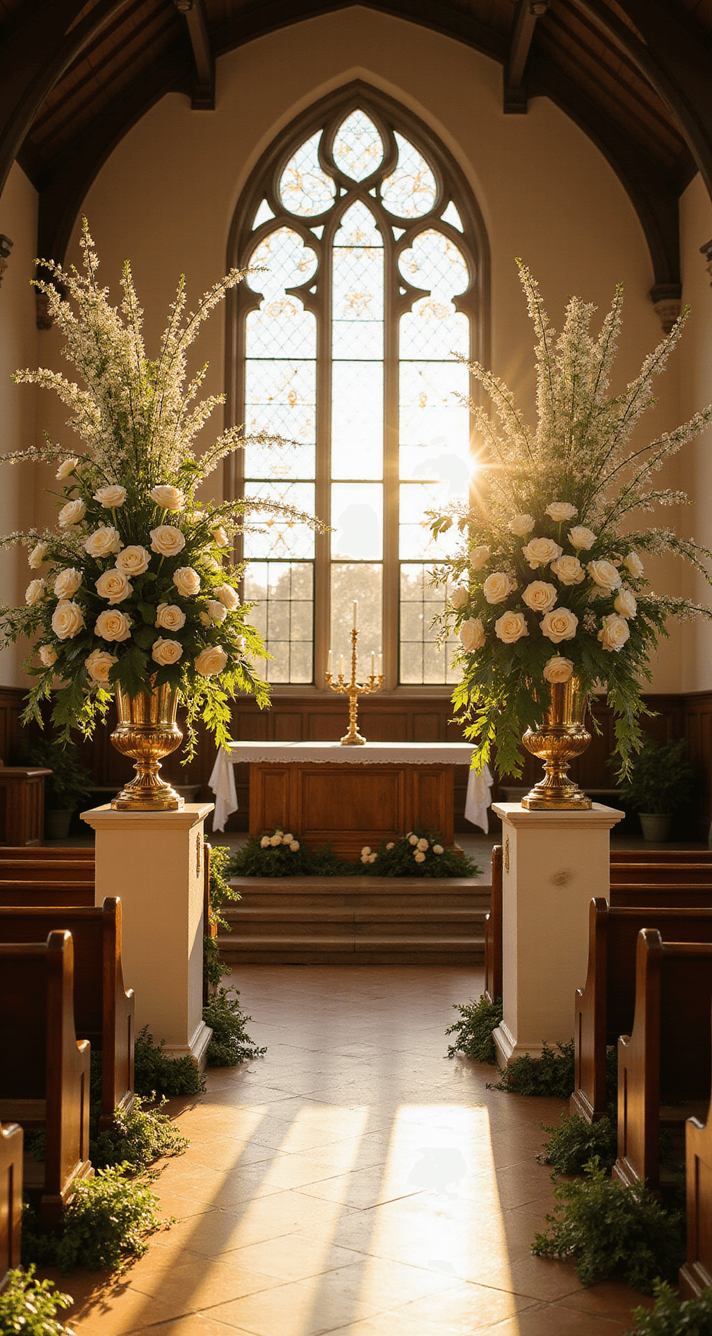 A dramatic church altar bathed in golden hour light, with sunlight streaming through stained glass windows illuminating large floral arrangements. Two tall pedestals with cascading white roses, hydrangeas, and ivy flank the altar, complemented by brass candelabras. Rich mahogany pews adorned with baby's breath and silk ribbons, viewed from center aisle under vaulted Gothic ceilings and glowing cream-colored blooms.