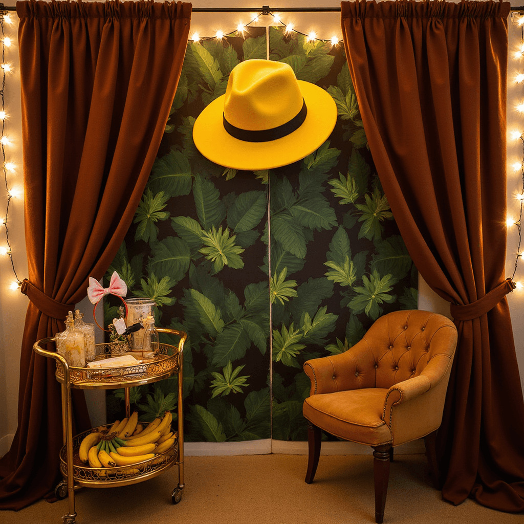 A cozy photo booth corner with oversized yellow hat prop, vintage banana leaf wallpaper, brown velvet curtains, and warm string lights; a props table with monkey ears, bow ties, and banana props on a gold-leafed vintage cart, captured at golden hour.
