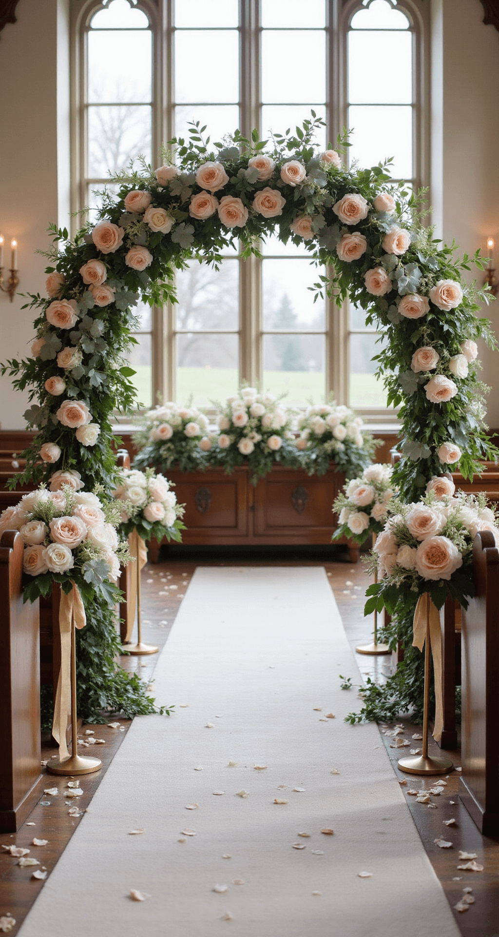 A spring church ceremony with a floral arch of pink tulips, white peonies, and eucalyptus under soft morning light through glass windows, petals on the aisle, brass stands with asymmetrical floral arrangements, and champagne silk ribbons, captured at a 45-degree angle.